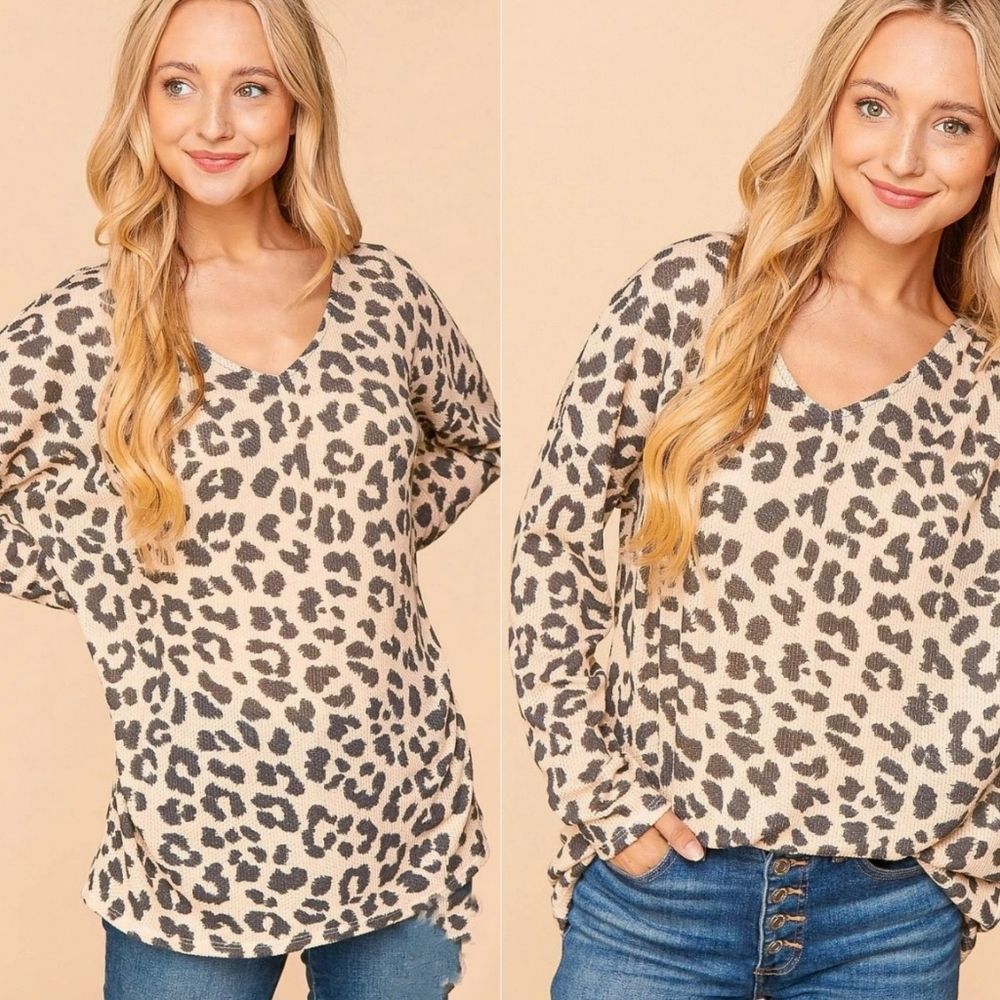 Cream And Charcoal V-Neck Animal Print Top